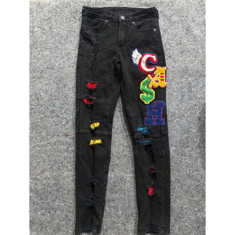 rue21 Premium Men’s 26x30 Black Distressed Patch Skinny Jeans Supreme Flex